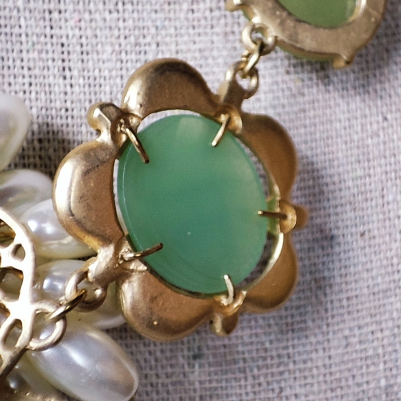 Brushed Gold Faux Pearls Cluster Ocean Theme Encrusted Stone Statement Necklace - Picture 11 of 15